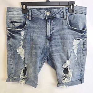 YoungLA Distressed Denim Shorts Jorts Rolled Hem Y2K Streetwear Size 38